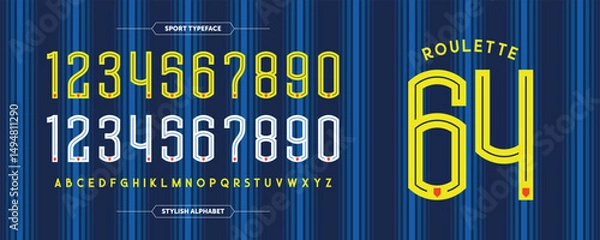 Obraz Roulette 64: Retro modern number stylish sport concept. Jersey design with custom yellow and white numbers. Vector illustration in stripes blue hues background