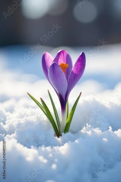 Obraz Tiny crocus pushes through snow, vibrant color contrasts white , colorful, flora