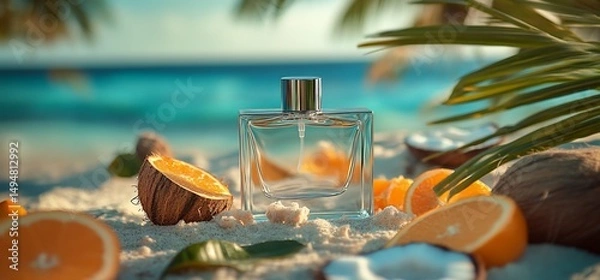 Fototapeta Tropical scent: A perfume bottle on a beach with citrus and coconut aromas