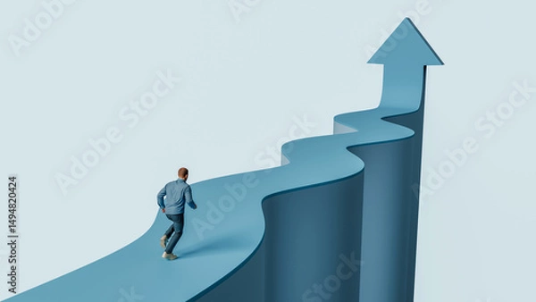 Obraz Man Running Toward Success on Rising Winding Arrow Path - Career Growth and Upward Progress, 3D Render