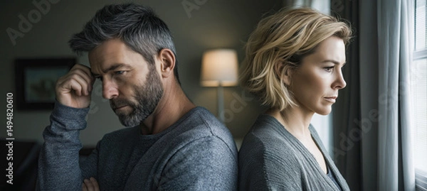 Fototapeta Sad couple sitting back to back having relationship problems