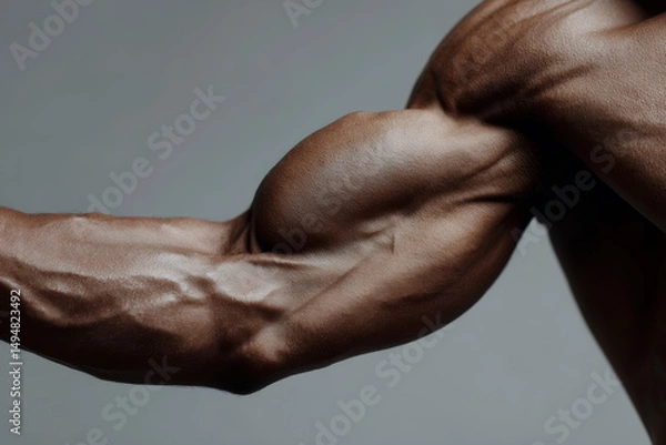 Fototapeta Primer plano del brazo masculino con bíceps musculoso marcado, ideal para deporte, fitness y fuerza física.