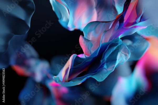 Fototapeta Arte digital abstracto con formas fluidas y colores vibrantes de neón azul y rosa, ideal para tecnología, diseño moderno y visuales futuristas.