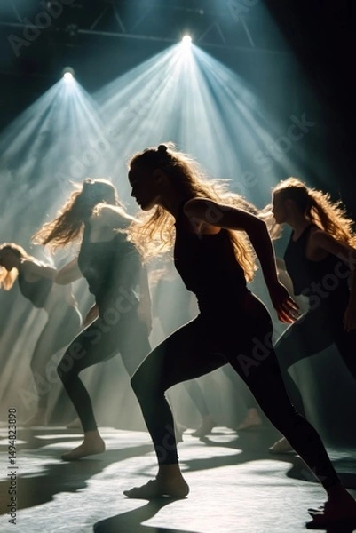 Fototapeta Professional dancers performing on stage with dramatic lighting