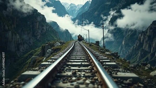 Fototapeta Mountain Pass Train Line & Clouds