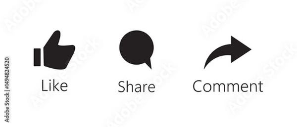 Fototapeta Like Share comment and icon buttons isolated on transparent background. Like button, thumb up, love and heart, comment, repost and share icon button. Vector flat and line collection