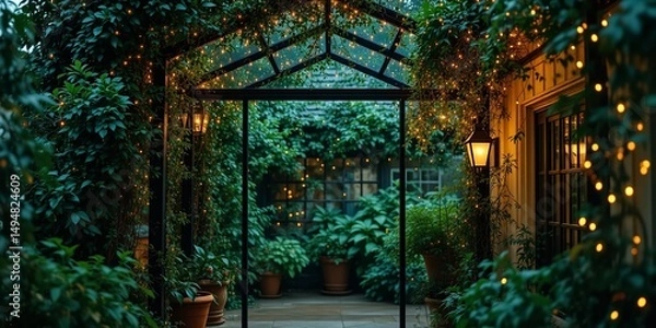 Fototapeta Warmly Lit Glass Entranceway with Plants