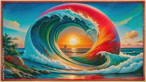 Fototapeta Golden hour sea water ocean wave in barrel shape for surfing.