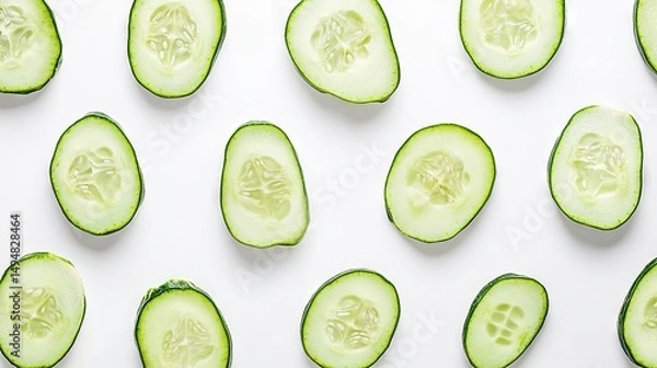 Fototapeta Cucumber Slices Pattern on White Background Flat Lay Fresh Vegetable Concept