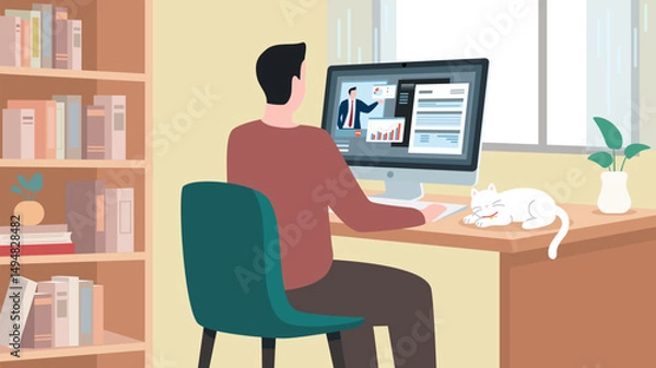 Fototapeta A man works from home, participating in a video conference on his computer, with a cat resting on his desk.