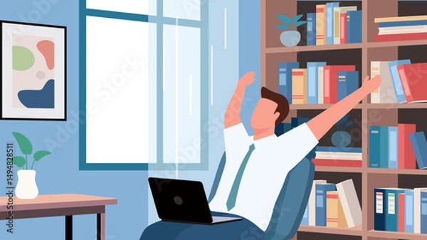 Fototapeta A man relaxing in his home office, stretching and enjoying a break from his work. Work from home, freelancer