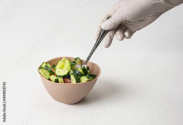 Fototapeta On a white isolated background prepared vegetable salad in a bowl. A woman's hand in a white glove stirs the salad