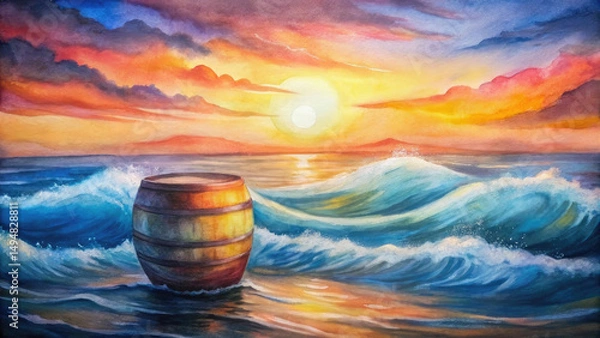 Fototapeta Golden hour sea water ocean wave in barrel shape for surfing.
