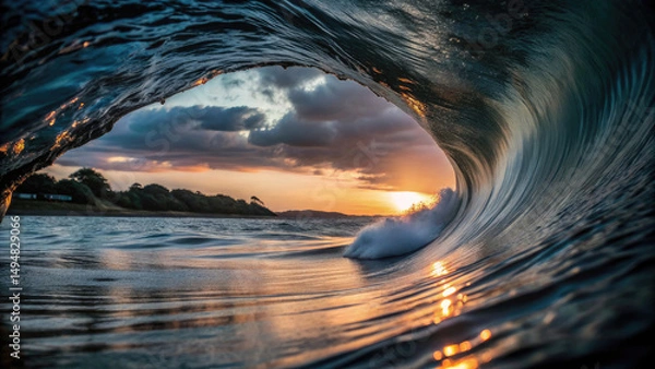 Fototapeta Golden hour sea water ocean wave in barrel shape for surfing.