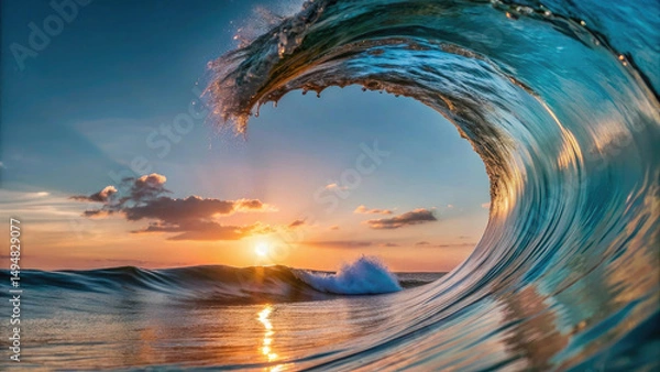 Fototapeta Golden hour sea water ocean wave in barrel shape for surfing.