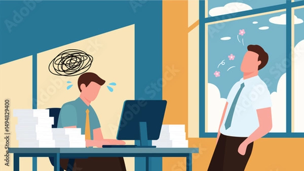 Fototapeta The contrast between a stressed, overworked employee buried under paperwork and a relaxed colleague enjoying a break by the window. Careers psychological health, occupational stress.