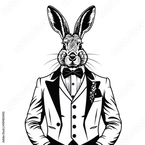 Fototapeta Anthropomorphic rabbit in tuxedo. Black and white illustration of hare wearing formal suit with bow tie for wedding, party invitation or fashion concept.