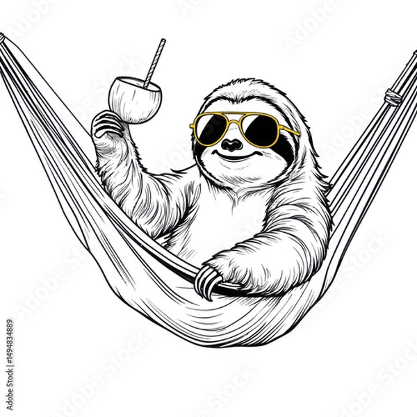 Fototapeta Sloth chilling in hammock drinking coconut. Hand drawn style image