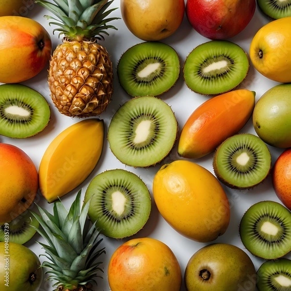 Fototapeta Top view of assorted tropical fruits