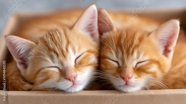 Fototapeta Two Cute Kittens Cuddled Together Sleeping Peacefully in a Cozy Cardboard Box