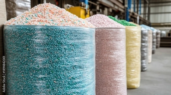 Obraz Recycled plastic pellets in large sacks ready for reuse in production