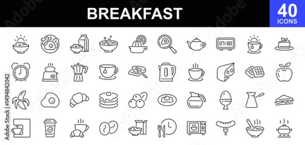Fototapeta Breakfast icon set. Contains such icons as  egg and bacon, coffee, oatmeal, tea, fruit, desserts, сoffee with croissant and more. Vector illustration