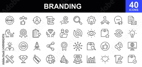 Fototapeta Branding icon set. Contains such icons as marketing, product, innovation, strategy, values, loyal customers, identity, brand value, design, logo, target audience, social media and more