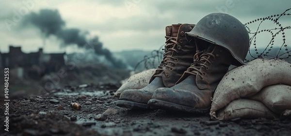 Fototapeta War torn battlefield with boots, helmet, sandbags and barbed wire evoking conflict