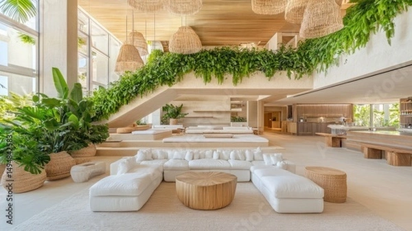 Obraz Stylish hotel lobby featuring advanced air purification systems for a cool atmosphere
