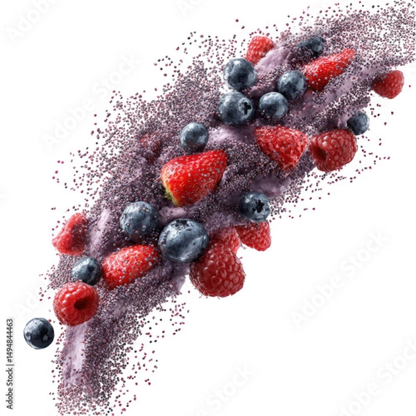 Fototapeta Mixed berries with purple powder explosion isolated on transparent background.png white backgroundparent background