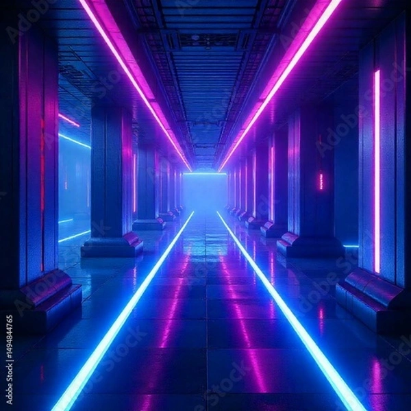 Obraz Futuristic Sci-Fi Environment with Neon Blue and Purple Lights