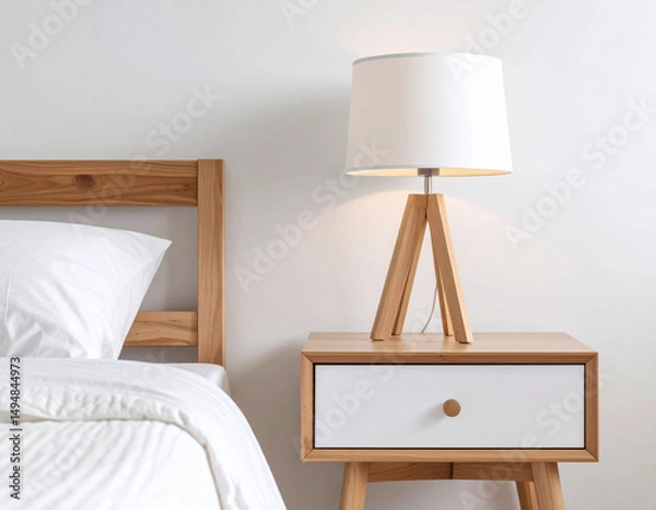 Fototapeta Light wood bedside table with modern lamp against minimalist white wall. Scandinavian bedroom with neatly made bed and neutral tones.