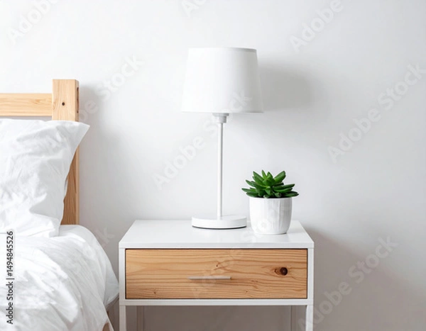 Fototapeta Scandinavian style bedroom interior with  natural wooden bedside table, white  lamp, green plant and minimal neutral bedding