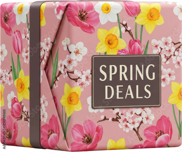 Obraz Spring Deals Gift Box with Pink Floral Design Tulips Daffodils and Blossom
