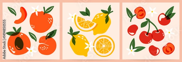 Fototapeta Abstract fruit banners. Modern minimalistic fruits, organic food posters with hand drawn lemons, peach apricot and cherry fruits and berries for art prints. Vector contemporary set