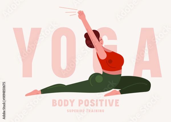 Obraz Illustration of body positive woman doing yoga. Stylized flat graphic style for your design. Color print on white background