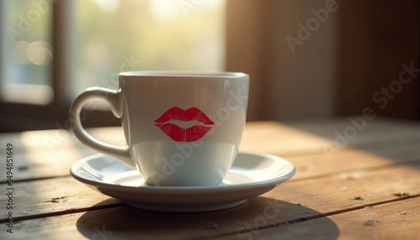Obraz Coffee cup with lipstick mark on saucer in warm, cozy interior  