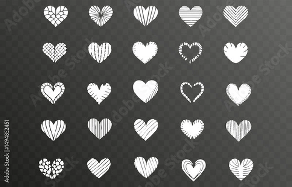 Fototapeta Set of various white heart illustrations png. Hand-drawn vector icons and symbols on isolated transparent background.	