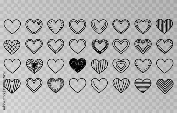 Fototapeta Set of various black heart illustrations png. Hand-drawn vector icons and symbols on isolated transparent background.	