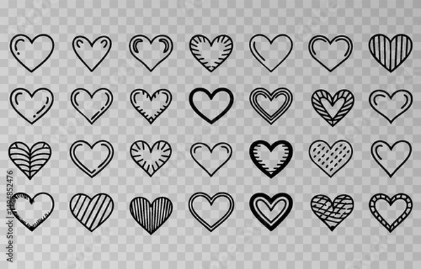 Fototapeta Set of various black heart illustrations png. Hand-drawn vector icons and symbols on isolated transparent background.	