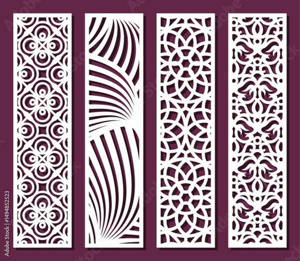 Fototapeta Set of rectangular panels. Vertical grilles, screens, interior decoration with abstract, geometric, plant patterns. Template for plotter laser cutting of paper, wood carving, metal engraving, cnc.