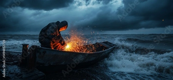 Fototapeta Welder repairing a boat in the middle of a stormy sea, dramatic seascape