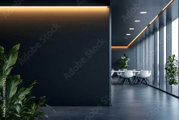 Fototapeta Blank dark wall mockup in modern office interior with blurred meeting room and white chairs in background with copyspace for branding or signage.