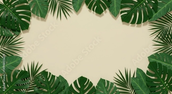 Fototapeta Lush tropical leaves create a vibrant frame around a beige background, ideal for text or imagery
