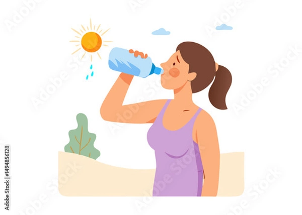 Fototapeta 
Woman suffering from heat, sweating and drinking fresh water from bottle to prevent dehydration on hot summer day. Hydration concept. Vector illustration.