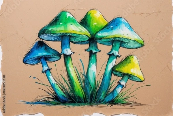 Fototapeta Green mushrooms sketch, AI Generated