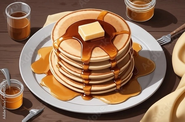 Fototapeta A plate of American pancakes with syrup and butter. AI Generated.