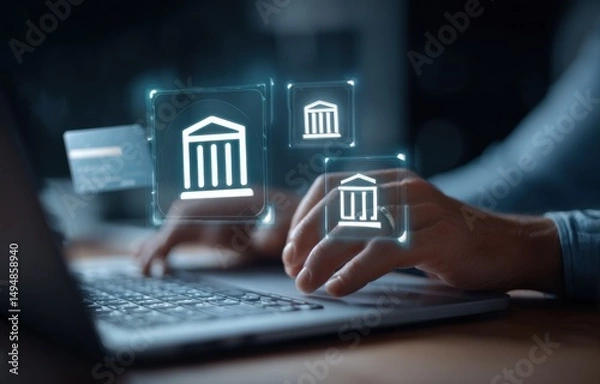 Fototapeta Person Using Laptop for Online Banking With Glowing Bank Icons, Illustrating Digital Finance and Secure Transactions for Modern Lifestyles and Financial Planning : Generative AI