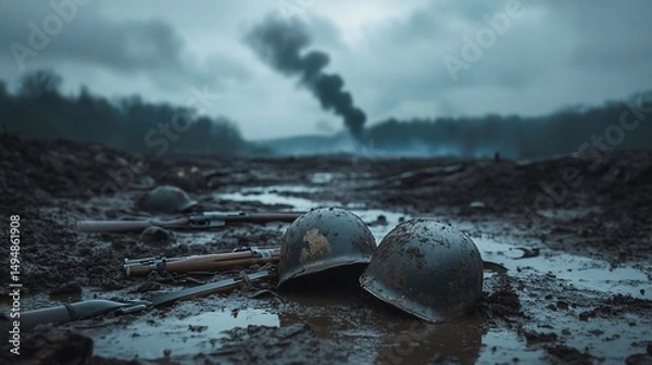 Fototapeta World War battlefield aftermath with helmets and guns abandoned in mud and water