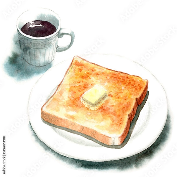 Obraz 水彩バタートーストとコーヒー